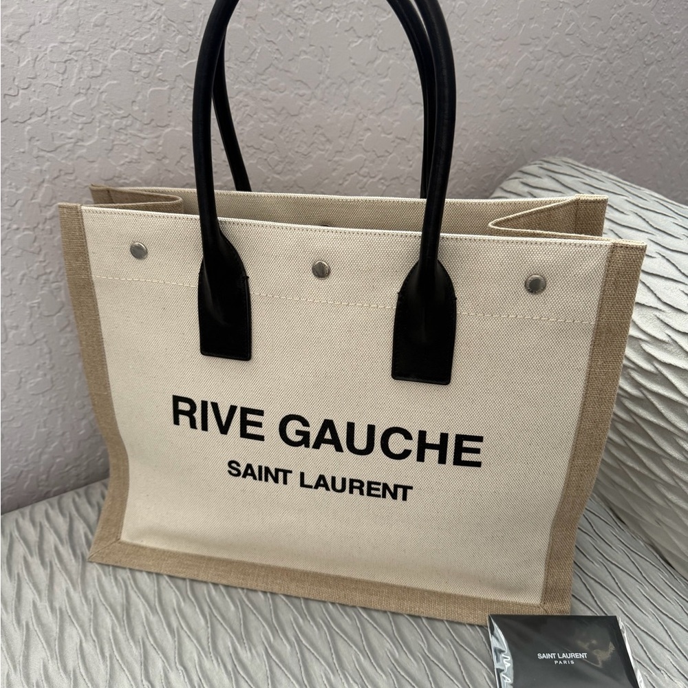 Saint Laurent Beige and Black Canvas Tote